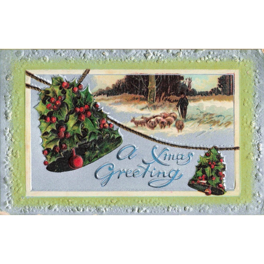 Vintage 1911 Christmas Postcard Shepherd Sheep Holly Bells Embossed VG - Picture 1 of 2